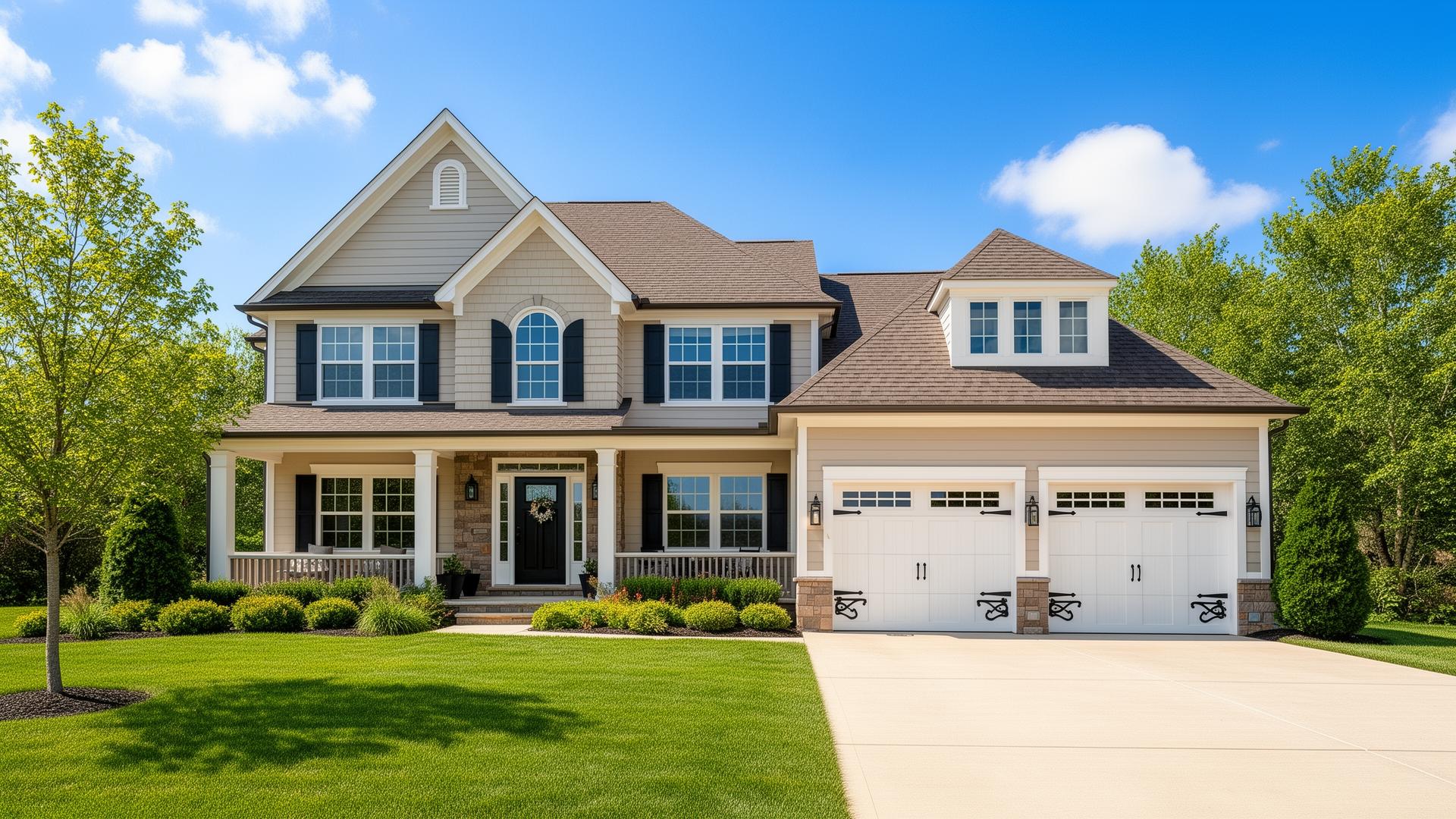 Beautiful suburban home with carriage-style garage doors in Northfield, Ohio
